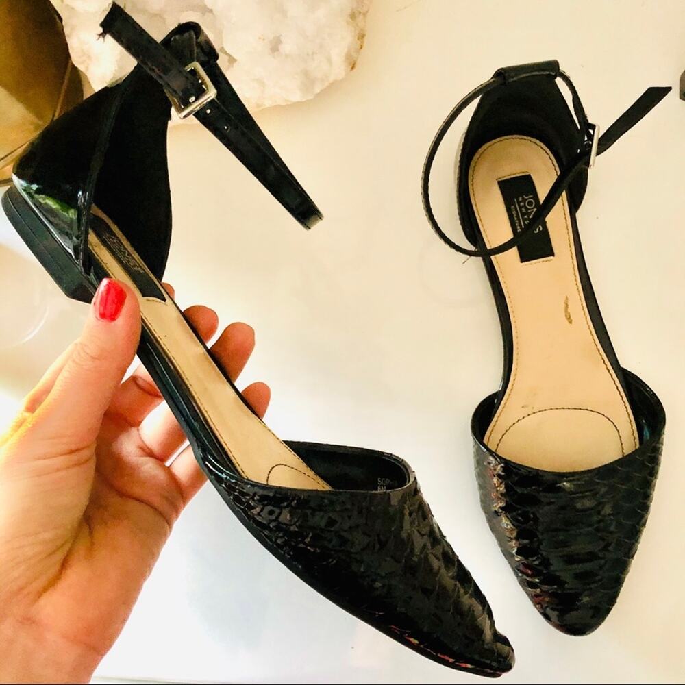JONES NY Black Patent Leather Ankle Strap Round Toe Flats Shoes Classic Prep 8.5